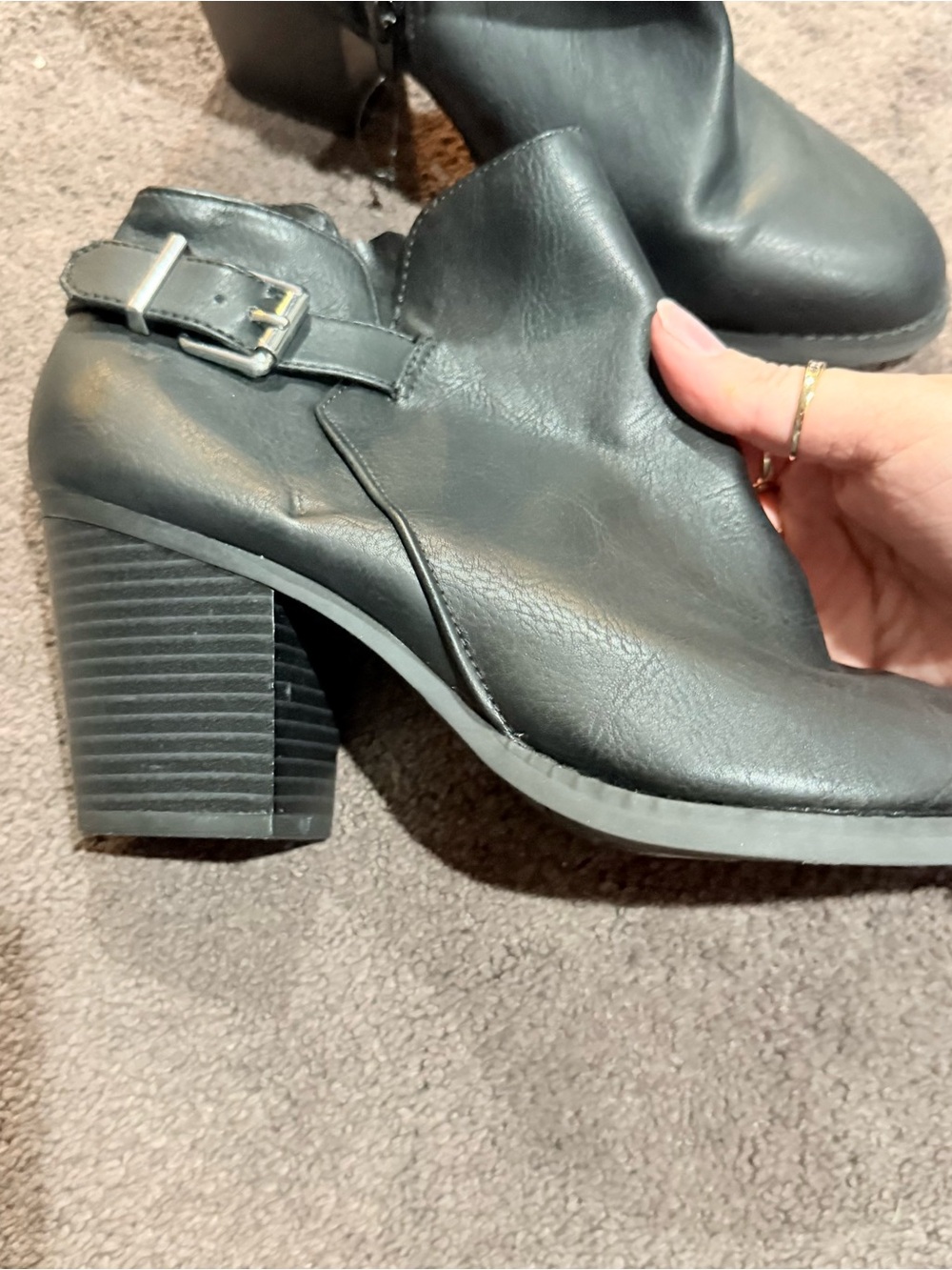 Express Black Faux-Leather Block Heel Ankle Boots with Buckle